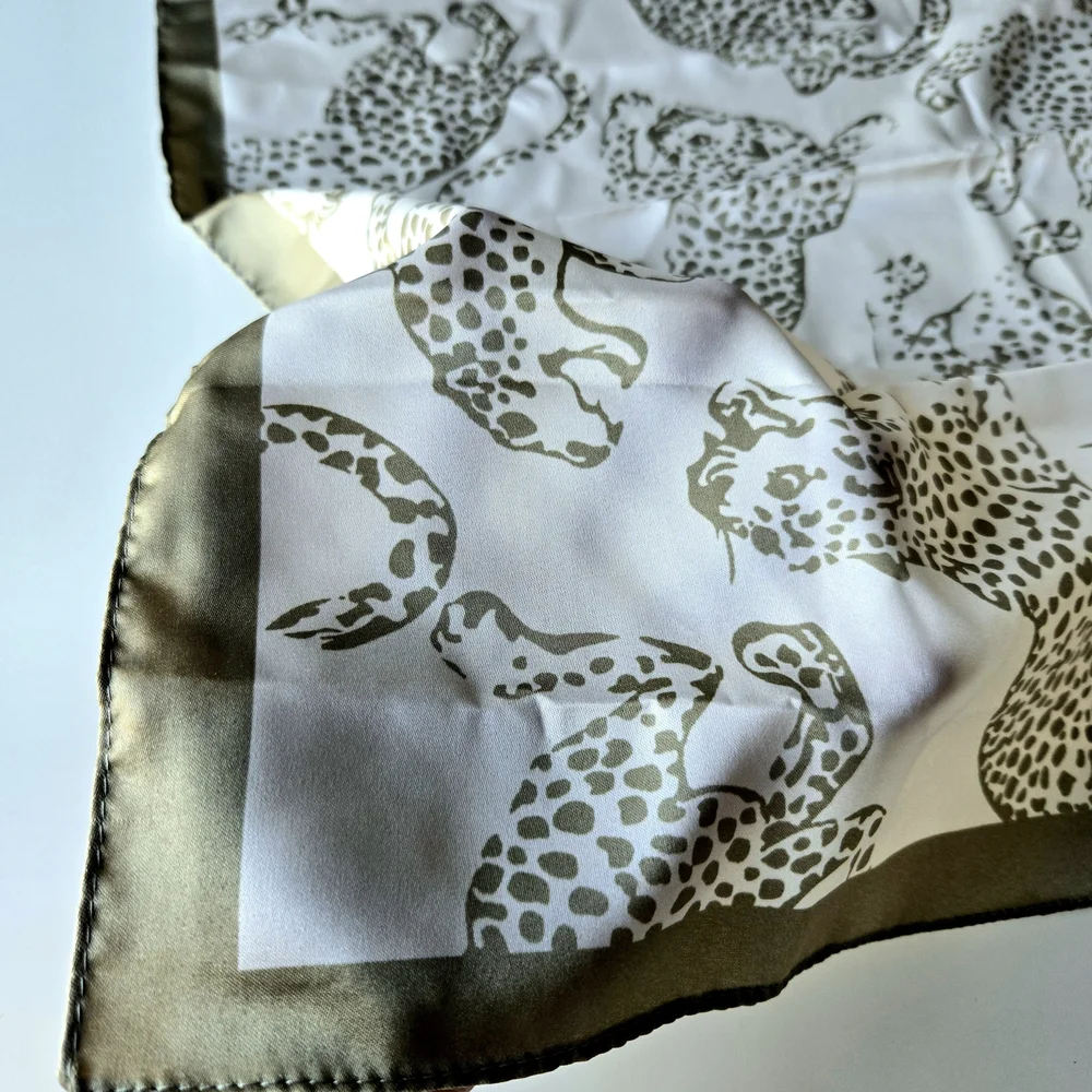 Leopard Print Square Delicate Scarf – Olive Green & White